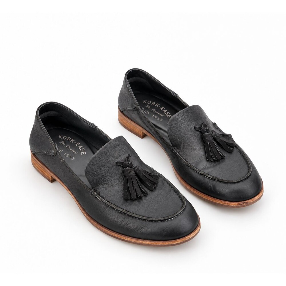 Kork-Ease Black Leather Tassel Loafers Preppy Classic Womens Size 7.5 Shoes